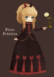 Rule 34 | 1girl, bad id, bad pixiv id, black dress, blonde hair, blue eyes, blush, bow, chain, choker, doll, doll joints, dress, elyse (sound horizon), feather hair ornament, feathers, female focus, flower, french text, german text, hair ornament, joints, long hair, madalshimo, maerchen (album), nail polish, ponytail, rose, sidelocks, smile, solo, sound horizon, standing, striped, text focus, translated, vertical stripes, white flower, white rose