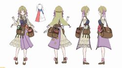 Rule 34 | 1girl, atelier (series), atelier resleriana, bag, bare shoulders, brown bag, brown footwear, character sheet, closed mouth, dress, flocke cerha, flower, from behind, from side, full body, green hair, hair flower, hair ornament, hand up, highres, long sleeves, looking at viewer, multiple views, official art, pink ribbon, plant, pocket, profile, purple eyes, ribbon, second-party source, shoes, short hair, shoulder bag, simple background, smile, standing, tokki, veil, white background, white dress