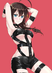 Rule 34 | 1girl, ahoge, alternate costume, armpits, arms up, black hair, blue eyes, bondage outfit, braid, breasts, closed mouth, commentary request, cowboy shot, hair flaps, hair ornament, hair over shoulder, hot limit, kantai collection, medium breasts, mikage takashi, red background, shigure (kancolle), shigure kai ni (kancolle), single braid, skindentation, solo, underboob