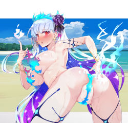 Rule 34 | 1girl, ass, bent over, blush, breasts, fate/grand order, fate (series), flower, hair flower, hair ornament, hair ribbon, kama (fate), kama (swimsuit avenger) (fate), koohii koucha maru, large breasts, long hair, looking at viewer, looking back, lotus, nail polish, red eyes, ribbon, silver hair, thighs