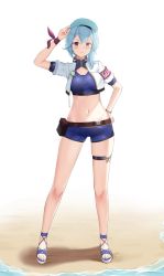 Rule 34 | 1girl, alternate costume, arm up, armband, asymmetrical hair, bandaged leg, bandages, bare legs, beach, belt, belt pouch, black hairband, blue footwear, blue hair, blue headwear, blue shirt, blue shorts, breasts, brown belt, brown eyes, cleavage, cleavage cutout, closed mouth, clothing cutout, commentary, crop top, cropped jacket, drawstring, english commentary, eula (genshin impact), full body, genshin impact, gold trim, hairband, hand on headwear, hand on own hip, hat, highres, jacket, joko jmc, legs, medium breasts, midriff, navel, ocean, open clothes, open jacket, pouch, red ribbon, ribbon, sand, sandals, shirt, short hair, short shorts, short sleeves, shorts, solo, standing, stomach, thigh strap, turtleneck, white background, white jacket, wrist ribbon