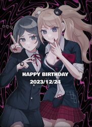 Rule 34 | 2girls, arm around shoulder, bear hair ornament, black bow, black hair, black jacket, black shirt, black skirt, blonde hair, blue eyes, blush, bow, breasts, cleavage, collarbone, danganronpa: trigger happy havoc, danganronpa (series), dated, english text, enoshima junko, female focus, fingernails, freckles, hair ornament, hand tattoo, hand up, happy birthday, heart, highres, ikusaba mukuro, incest, jacket, large breasts, long sleeves, looking at viewer, multiple girls, nail polish, neck bell, neck ribbon, open mouth, parted bangs, pink background, pleated skirt, red bow, red nails, red ribbon, red skirt, ribbon, shirt, short sleeves, siblings, simple background, sisters, skirt, tagme, tattoo, twincest, twins, twintails, v, yuri