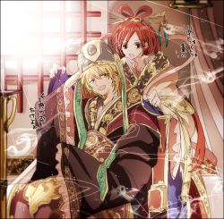 Rule 34 | 1boy, 1girl, ali baba saluja, blonde hair, chinese clothes, hair rings, hanfu, hat, magi the labyrinth of magic, moccorinco, open mouth, red eyes, red hair, ren kougyoku, sweatdrop, translation request, yellow eyes