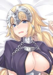 Rule 34 | 1girl, bed sheet, blonde hair, blue eyes, blush, braid, breasts, capelet, chain, cleavage, covered erect nipples, embarrassed, fate/apocrypha, fate (series), from above, half-closed eyes, head tilt, headpiece, highres, jeanne d&#039;arc (fate), jeanne d&#039;arc (ruler) (fate), kazami chiu, large breasts, long hair, looking at viewer, lying, nose blush, on back, open mouth, plackart, purple capelet, sidelocks, single braid, solo, sweat, upper body, wavy mouth