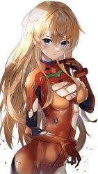 Rule 34 | 1girl, @shun, blue eyes, blush, bodysuit, breasts, brown hair, evangelion: 3.0+1.0 thrice upon a time, hair between eyes, hair down, hair ornament, hair over breasts, highres, lips, long hair, looking at viewer, medium breasts, neon genesis evangelion, pilot suit, plugsuit, rebuild of evangelion, red bodysuit, shiny clothes, shiny skin, simple background, skin tight, solo, souryuu asuka langley, standing, torn bodysuit, torn clothes, tsundere, two side up, very long hair, white background, wide hips