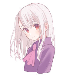 Rule 34 | 1girl, absurdres, bad id, bad pixiv id, collared shirt, cropped torso, fate/stay night, fate (series), hair between eyes, highres, illyasviel von einzbern, long hair, looking at viewer, lq saku, pink neckwear, purple shirt, red eyes, shirt, silver hair, simple background, smile, solo, white background, wing collar