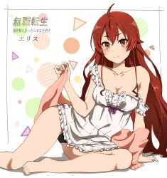Rule 34 | 1girl, ahoge, arm support, barefoot, black panties, breasts, character name, cleavage, closed mouth, collarbone, copyright name, dress, eris greyrat, feet, highres, long hair, looking at viewer, morime, mushoku tensei, panties, red eyes, red hair, short dress, sitting, small breasts, solo, strap slip, thighs, underwear, white dress