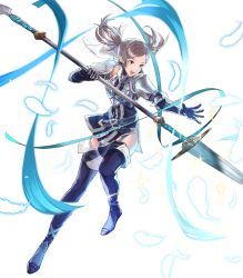 Rule 34 | 1girl, armor, boots, breastplate, brown eyes, brown hair, cynthia (fire emblem), dress, feathers, fire emblem, fire emblem awakening, fire emblem heroes, full body, garter straps, highres, holding, holding weapon, long hair, nintendo, official art, open mouth, polearm, short dress, shoulder armor, smile, solo, sparkle, spear, thigh boots, thighhighs, transparent background, twintails, weapon