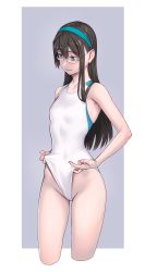 Rule 34 | 1girl, bare arms, bare legs, bare shoulders, black hair, blush, breasts, clothes pull, collarbone, competition swimsuit, covered navel, cowboy shot, frontal wedgie, glasses, green eyes, groin, hairband, highleg, highres, kantai collection, long hair, one-piece swimsuit, one-piece swimsuit pull, ooyodo (kancolle), semi-rimless eyewear, small breasts, solo, standing, swimsuit, under-rim eyewear, wedgie, yuuji (and)