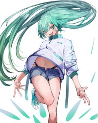 Rule 34 | 1girl, :d, absurdres, aqua eyes, aqua hair, aqua nails, commentary request, fang, gozenjuziame, hair between eyes, highres, jacket, long hair, long sleeves, looking at viewer, making-of available, nail polish, navel, open mouth, original, shoes, short shorts, shorts, simple background, sleeves pushed up, smile, sneakers, solo, transparent background, very long hair