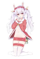 Rule 34 | 1girl, absurdres, azur lane, bell, blush, bottomless, bound, bound legs, bound wrists, bow, breasts, christmas, female focus, full body, fur-trimmed jacket, fur-trimmed sleeves, fur trim, green bow, groin, hair bobbles, hair bow, hair ornament, hairband, hands up, highres, jacket, kneeling, knees together feet apart, laffey (azur lane), long hair, long sleeves, looking at viewer, nai gai, navel, open clothes, open jacket, open mouth, own hands together, rabbit ears, rabbit girl, red bow, red eyes, red hairband, red jacket, red ribbon, ribbon, ribbon bondage, sidelocks, simple background, skindentation, small breasts, solo, star (symbol), star hair ornament, stomach, striped, striped bow, thighhighs, thighs, twintails, underboob, white background, white hair, white thighhighs