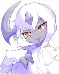 Rule 34 | 1girl, :3, absol, animal hands, body fur, bright pupils, chromatic aberration, claws, closed mouth, colored skin, creatures (company), dot nose, female focus, furry, furry female, game freak, gen 3 pokemon, grey horns, grey skin, hand on own chest, hand up, happy, head tilt, horns, looking at viewer, neck fur, nintendo, pokemon, pokemon (creature), portrait, red eyes, samenoha (salmon no kaori), short hair, sidelocks, simple background, single horn, smile, solo, tongue, tongue out, white background, white fur, white hair, white pupils, white theme