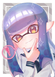 Rule 34 | !, 1girl, blunt bangs, domino mask, hand up, highres, inkling, inkling girl, inkling player character, long hair, long sleeves, looking at viewer, mask, neumamama, nintendo, pointy ears, purple hair, sailor collar, shirt, smile, solo, sparkle, splatoon (series), spoken exclamation mark, tentacle hair, upper body, white shirt, yellow eyes