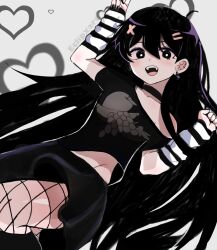 1girl arm_warmers black_choker black_dress black_hair choker dress eclipxare fishnet_pantyhose fishnets goth_fashion grey_background hair_ornament hairclip highres mari_(omori) omori pantyhose short_sleeves single_bare_shoulder solo