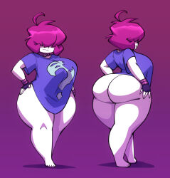 Rule 34 | 1girl, ass, bare hips, bare legs, barefoot, bigdad, bottomless, breasts, choker, clothes lift, curvy, full body, gazlene membrane, gloves, highres, huge ass, huge breasts, invader zim, large breasts, naked shirt, nickelodeon, no panties, no pants, purple shirt, revealing clothes, seductive smile, shirt, shirt lift, short hair, smile, solo, standing, thick thighs, thighs, wide hips, wristwear