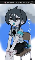 Rule 34 | 1girl, ahoge, armband, bags under eyes, bandaid, bandaid on leg, black eyes, black hair, black ribbon, black skirt, blue armband, blue background, blue mouth, blush, braid, chair, cloud, collared shirt, colored skin, commentary request, gauze on knee, grey background, grey shirt, grey skin, hair between eyes, hands on own knees, highres, horns, hot, indie virtual youtuber, kunoichi kazuhito (kuno kazu), looking ahead, low twin braids, multicolored background, neck ribbon, open mouth, photo inset, pleated skirt, ribbon, ringed eyes, school chair, school uniform, shirt, short sleeves, short tail, sitting, skirt, solo, stitched neck, stitches, sweat, tail, tentacle tail, tentacles, timestamp, translation request, twin braids, v-shaped eyebrows, v arms, virtual youtuber, yamata ia