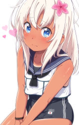 Rule 34 | 1girl, blush, bracelet, commentary, crop top, flower, hair flower, hair ornament, heart, jabittoson, jewelry, kantai collection, long hair, looking at viewer, nontraditional school swimsuit, one-piece swimsuit, one-piece tan, ro-500 (kancolle), sailor collar, school swimsuit, school uniform, serafuku, simple background, sitting, solo, swimsuit, swimsuit under clothes, tan, tanline, white background, white hair