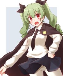 Rule 34 | 10s, 1girl, anchovy (girls und panzer), bad id, bad pixiv id, belt, black necktie, black skirt, blue background, cape, cowboy shot, dress shirt, drill hair, girls und panzer, green hair, highres, kapatarou, long hair, long sleeves, looking at viewer, miniskirt, necktie, out of frame, outside border, pantyhose, pleated skirt, red eyes, school uniform, shirt, skirt, solo, standing, twin drills, twintails, white pantyhose, white shirt