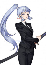 Rule 34 | 1girl, artist name, ayaka (genshin impact), black jacket, black necktie, black pants, blue eyes, blue hair, blunt bangs, blunt tresses, buttons, collared shirt, commentary request, cowboy shot, dated, dress shirt, expressionless, eyelashes, formal, genshin impact, hair tubes, high ponytail, highres, holding, holding sword, holding weapon, jacket, katana, lapels, long hair, long sleeves, mole, mole under eye, necktie, ojo aa, pants, parted lips, ponytail, sheath, shirt, sidelocks, signature, simple background, solo, standing, suit, sword, twitter username, unsheathing, very long hair, watermark, weapon, white background, white shirt, wing collar