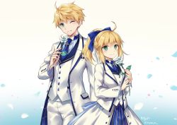 Rule 34 | 1boy, 1girl, ;d, adapted costume, ahoge, arm at side, arthur pendragon (fate), arthur pendragon (white rose) (fate), artist name, artoria pendragon (all), artoria pendragon (fate), blonde hair, blue background, blue bow, blue neckwear, blush, bow, closed mouth, coat, collared shirt, fate/grand order, fate (series), flower, formal, gradient background, green eyes, hair bow, head tilt, holding, holding flower, jacket, long hair, long sleeves, look-alike, looking at viewer, necktie, nyanya, one eye closed, open clothes, open coat, open jacket, open mouth, pants, partner look, petals, rose, saber (fate), shirt, signature, smile, striped clothes, striped shirt, suit, twitter username, unbuttoned, vertical-striped clothes, vertical-striped shirt, white coat, white flower, white jacket, white pants, white rose, wing collar