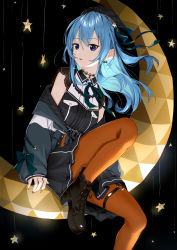 Rule 34 | 1girl, absurdres, belt, beret, black choker, black hat, black shirt, black skirt, blue eyes, blue hair, blue jacket, boots, bow, bow earrings, choker, crescent moon, dejio, earrings, facing to the side, fingernails, hat, high heel boots, high heels, highres, hololive, hoshimachi suisei, hoshimachi suisei (streetwear), jacket, jewelry, knee up, lace, lace-trimmed boots, lace-trimmed sleeves, lace choker, lace trim, leather, leather boots, long hair, looking at viewer, mobile, moon, nail polish, o-ring, o-ring thigh strap, off-shoulder jacket, off shoulder, orange nails, orange pantyhose, pantyhose, parted lips, pendant choker, puppet strings, shirt, short sleeves, sidelocks, skirt, solo, star (symbol), stitching, thigh strap, tsurime, virtual youtuber, wavy hair, wind