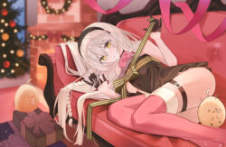 Rule 34 | 1girl, azur lane, belt, bird, black gloves, black hairband, black negligee, blush, bow, box, braid, breasts, chick, christmas, christmas tree, couch, fireplace, gift, gift box, gift wrapping, gloves, hair between eyes, hairband, hermione (azur lane), highres, indoors, large breasts, lingerie, long hair, looking at viewer, lying, manjuu (azur lane), negligee, on side, parted lips, red bow, red thighhighs, sleeping, thigh belt, thigh strap, thighhighs, underwear, white hair, yagen (user mxur3238), yellow eyes
