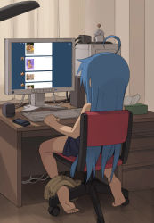 Rule 34 | 00s, 1girl, ahoge, barefoot, blue hair, bottomless, cellphone, clothes pull, computer, feet, female focus, female masturbation, from behind, full body, indoors, izumi konata, keyboard (computer), long hair, lucky star, masturbation, pants, pants pull, phone, pornography, soles, solo, third-party edit, tissue, tissue box, tumblr, viewing pornography