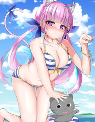 Rule 34 | 1girl, ahoge, anchor bracelet, anchor symbol, animal ears, bare arms, bare legs, bare shoulders, barefoot, bent over, bikini, blue bikini, blue bow, blue hair, blue nails, blue ribbon, blue sky, blunt bangs, blush, bow, bow bikini, bracelet, braid, breasts, cat ears, cat girl, cat tail, cleavage, closed mouth, cloud, collarbone, colored inner hair, drill hair, extra ears, gluteal fold, hair bow, hair ribbon, halterneck, highres, hololive, innertube, jewelry, knees together feet apart, large breasts, long hair, looking at viewer, masaharu21, minato aqua, minato aqua (hololive summer 2019), multicolored hair, nail polish, neko (minato aqua), paw pose, pink eyes, pink hair, ribbon, sidelocks, sky, solo, streaked hair, string bikini, striped bikini, striped clothes, striped innertube, sweatdrop, swim ring, swimsuit, tail, tail bow, tail ornament, tail ribbon, thigh gap, thighs, twin drills, two-tone bikini, two-tone hair, virtual youtuber