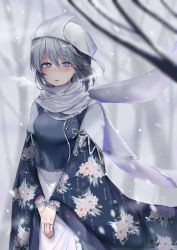 Rule 34 | 1girl, absurdres, blue eyes, grey hair, hat, highres, letty whiterock, long sleeves, looking at viewer, scarf, sei ichi (shiratamamikan), short hair, snowing, solo, touhou, v arms, white scarf, wide sleeves