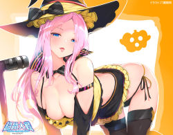 Rule 34 | 1girl, alice soft, all fours, ass, black thighhighs, blue eyes, blush, breasts, butt crack, character request, cleavage, copyright name, detached sleeves, escalation heroines, fang, fang out, frilled skirt, frills, halloween, hat, large breasts, long hair, medium breasts, microphone, official art, panties, pink hair, side-tie panties, skirt, thighhighs, tongue, tongue out, underwear, witch, witch hat, yaegashi nan