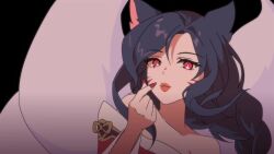 Rule 34 | 1girl, ahri (league of legends), animated, bare shoulders, black hair, blowing kiss, breasts, cleavage, collarbone, hairdressing, heart, highres, league of legends, long hair, nail polish, solo, tagme, video