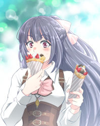Rule 34 | 1girl, assault lily, belt, belt buckle, blurry, blurry background, blush, bow, bowtie, braid, brown belt, buckle, character name, collared shirt, commentary request, corset, covered mouth, crepe, dated, day, eating, food, fruit, fukuyama jeanne sachie, grey hair, hair bow, half updo, hands up, happy birthday, highres, holding, holding food, jewelry, long hair, long sleeves, looking at viewer, necklace, numanuma, outdoors, pendant, pink bow, pink bowtie, pink eyes, shirt, solo, strawberry, suspenders, sweatdrop, twitter username, underbust, upper body, white shirt, zipper pull tab