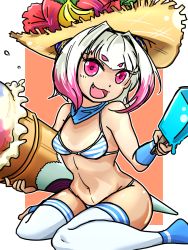 Rule 34 | 1girl, :d, angolmois (lord of vermilion), bikini, breasts, cloud, food, gradient hair, hair intakes, hat, highres, ice cream, kyuu (ost), long hair, looking at viewer, lord of vermilion, multicolored hair, navel, open mouth, oversized food, oversized object, smile, solo, striped bikini, striped clothes, swimsuit, thighhighs