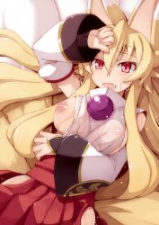 Rule 34 | 1girl, animal ears, bare hips, blonde hair, blush, breast slip, breasts, detached sleeves, eyebrows, fang, fox ears, fox tail, hakama, hakama short skirt, hakama skirt, highres, hip vent, izuna (shinrabanshou), japanese clothes, large breasts, long hair, looking at viewer, lying, miko, multiple tails, nipples, on back, one breast out, open mouth, red eyes, saru 000, shading eyes, shinrabanshou, side slit, skirt, smile, solo, tail, thick eyebrows, wet, wet clothes