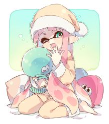 Rule 34 | 1girl, bed sheet, blunt bangs, commentary, fangs, full body, green eyes, hat, holding, holding stuffed toy, inkling, inkling girl, inkling player character, jellyfish (splatoon), long hair, long sleeves, looking at viewer, nintendo, on bed, one eye closed, pajamas, pants, pillow, pink hair, pointy ears, sen squid, shirt, sitting, sleepy, solo, splatoon (series), splatoon 1, squid, stuffed animal, stuffed toy, tearing up, tentacle hair, wariza, yawning, yellow hat, yellow pants, yellow shirt