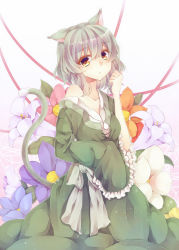Rule 34 | 1girl, animal ears, bad id, bad pixiv id, bare shoulders, brown eyes, cat ears, cat girl, cat tail, collarbone, female focus, flower, highres, kemonomimi mode, looking at viewer, mi-chan, miiko (somnolent), off shoulder, ribbon, short hair, silver hair, soga no tojiko, solo, tail, touhou