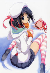 Rule 34 | 1girl, absurdres, beret, black hair, bow, buttons, chocolate, from behind, hat, highres, looking back, mittens, pleated skirt, sad, scan, scarf, shoes, short hair, sitting, skirt, snow, solo, striped clothes, striped thighhighs, suzuhira hiro, tears, thighhighs, valentine, wariza