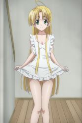 Rule 34 | 10s, 1girl, absurdres, ahoge, apron, asia argento, blonde hair, curtsey, demon girl, frilled apron, frills, green eyes, high school dxd, highres, long hair, naked apron, screencap, smile, solo, standing, thighs, very long hair