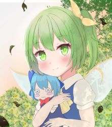Rule 34 | 1girl, blue dress, blush, blush stickers, button eyes, buttons, character doll, cirno, collared shirt, commentary request, daiyousei, don (tiruchoco41), dress, fairy wings, falling leaves, green eyes, green hair, grey wings, hair between eyes, hair ribbon, highres, hugging object, leaf, looking at viewer, one side up, puffy short sleeves, puffy sleeves, ribbon, shirt, short sleeves, sleeveless, sleeveless dress, solo, touhou, transparent wings, upper body, white shirt, wings, yellow ribbon