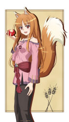 Rule 34 | 1girl, :d, absurdres, animal ear fluff, animal ears, apple, arm at side, bare shoulders, bitten apple, black pants, border, breasts, brown hair, collarbone, commentary request, drop shadow, eyebrows hidden by hair, eyelashes, fang, feet out of frame, food, food bite, from side, fruit, hand up, highres, holding, holding food, holding fruit, holo, jewelry, light blush, light brown background, long hair, long sleeves, looking at viewer, necklace, off-shoulder shirt, off shoulder, open mouth, pants, parted bangs, pink shirt, red apple, red eyes, shirt, sidelocks, simple background, small breasts, smile, solo, spice and wolf, standing, straight hair, tail, tail raised, teeth, upper teeth only, user xydk8783, very long hair, wheat, white border, wide sleeves, wolf ears, wolf girl, wolf tail