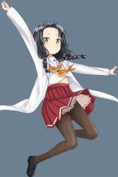 Rule 34 | 1girl, abe kanari, arm up, black hair, black legwear, braid, commentary request, full body, green eyes, high school fleet, jumping, kaburagi minami, lab coat, looking at viewer, low twintails, school uniform, shoes, simple background, solo, twintails