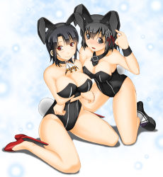 Rule 34 | 2girls, animal ears, bare legs, beret, black gloves, black hair, black legwear, black leotard, blush, bow, bowtie, breasts, brown eyes, rabbit ears, rabbit tail, cleavage, detached collar, fake animal ears, gloves, haguro (kancolle), hair ornament, hat, high heels, kantai collection, keito (keito-ya), large breasts, leotard, multiple girls, open mouth, playboy bunny, red eyes, shoes, short hair, strapless, tail, takao (kancolle), wrist cuffs