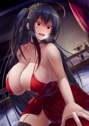 Rule 34 | 1girl, ahoge, arm support, azur lane, bare shoulders, bashiu zensen, bed, bed sheet, black hair, black thighhighs, blush, breasts, choker, cleavage, cocktail dress, collarbone, commentary request, crossed bangs, dress, floating hair, garter straps, hair between eyes, hair ornament, head tilt, heart, highres, huge breasts, indoors, leaning forward, long hair, looking at viewer, open mouth, red choker, red dress, red eyes, sitting, smile, solo, sweat, taihou (azur lane), taihou (forbidden feast) (azur lane), thighhighs, very long hair, wide-eyed