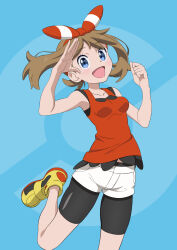 Rule 34 | 1girl, :d, aqua background, bare arms, bike shorts, blue eyes, bow hairband, breasts, brown hair, clenched hand, collarbone, commentary request, creatures (company), eyelashes, game freak, gensei00, hairband, hands up, happy, highres, leg up, may (pokemon), medium breasts, nintendo, open mouth, poke ball symbol, pokemon, pokemon oras, red hairband, shirt, shoes, shorts, sleeveless, sleeveless shirt, smile, solo, white shorts, yellow footwear