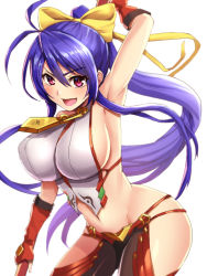 Rule 34 | 1girl, arm up, holding behind back, between breasts, blazblue, blazblue: central fiction, blazblue variable heart, blue hair, bow, breasts, clothing cutout, commentary, cowboy shot, fingerless gloves, genderswap, genderswap (mtf), gloves, hair bow, holding, holding staff, large breasts, long hair, looking at viewer, lowleg, lowleg pants, mai natsume, masa tarou, medallion, navel, holding behind back, open mouth, pants, ponytail, purple eyes, red gloves, revealing clothes, side cutout, sidelocks, simple background, smile, solo, staff, standing, swept bangs, very long hair, white background, yellow bow