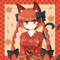 Rule 34 | 1girl, :3, alternate costume, animal ears, black bow, blush, bow, braid, cat ears, cat tail, commentary request, floral print, hair bow, highres, japanese clothes, kaenbyou rin, kimono, long hair, long sleeves, mizuki ruu193, multiple tails, red eyes, red hair, red kimono, tail, touhou, twin braids, two tails, upper body