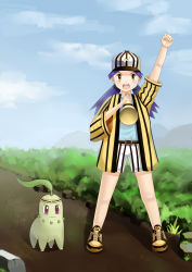 Rule 34 | 1girl, absurdres, arm up, baseball cap, blue shirt, casey (pokemon), chikorita, clenched hand, creatures (company), day, flower, full body, game freak, gen 2 pokemon, hand up, hanekiwata, hat, highres, holding, holding megaphone, jacket, long hair, looking at viewer, megaphone, nintendo, open mouth, outdoors, pants, pokemon, pokemon (anime), pokemon (classic anime), pokemon (creature), purple hair, shirt, shoes, shorts, sky, sleeves past elbows, standing, striped clothes, striped headwear, striped jacket, striped pants, t-shirt, twintails, vertical-striped clothes, vertical-striped headwear, vertical-striped jacket, vertical-striped pants, wide sleeves, yellow eyes, yellow flower, yellow jacket