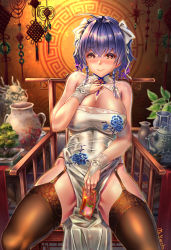 Rule 34 | 1girl, absurdres, azur lane, bare shoulders, black thighhighs, blue flower, blue hair, bow, braid, breasts, bridal gauntlets, china dress, chinese clothes, cleavage, cleavage cutout, clothing cutout, dress, floral print, flower, garter straps, gloves, hair bow, heart, heart-shaped pupils, highres, huge breasts, huge filesize, indoors, long hair, looking at viewer, official alternate costume, pelvic curtain, shiny skin, sitting, sleeveless, sleeveless dress, solo, st. louis (azur lane), st. louis (blue and white pottery) (azur lane), symbol-shaped pupils, thighhighs, thighs, twin braids, white bow, white dress, white gloves, yellow eyes, yuanha