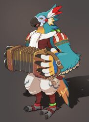 Rule 34 | 1boy, accordion, animal feet, anklet, arijuno, artist name, beak, bird boy, bird legs, bird tail, blue fur, blush stickers, body fur, claws, feather hair ornament, feathers, full body, furry, furry male, grey background, hair ornament, hands up, happy, highres, holding, holding instrument, instrument, jewelry, kass, looking at viewer, male focus, multicolored fur, nintendo, open mouth, paper, red feathers, rito, scarf, scroll, sheet music, signature, simple background, smile, solo, standing, tail, the legend of zelda, the legend of zelda: breath of the wild, twitter username, white fur, white scarf, winged arms, wings, yellow eyes, yellow fur