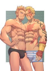 Rule 34 | 2boys, abs, absurdres, alternate eye color, bara, beowulf (fate), black briefs, black male underwear, blonde hair, blue eyes, boxers, briefs, brown hair, bulge, commission, cross scar, face-to-face, facial hair, fate/grand order, fate (series), goatee, hand on another&#039;s shoulder, highres, large pectorals, long sideburns, male focus, male underwear, multiple boys, muscular, napoleon bonaparte (fate), navel, nipples, pectoral docking, pectoral press, pectorals, rikigo, scar, scar on chest, short hair, shoulder tattoo, sideburns, tattoo, thighs, underwear, yaoi, yellow eyes